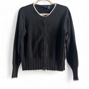 Vintage Liz Claiborne Black Cardigan White Trim Cotton 90s Y2K Knit Size Small